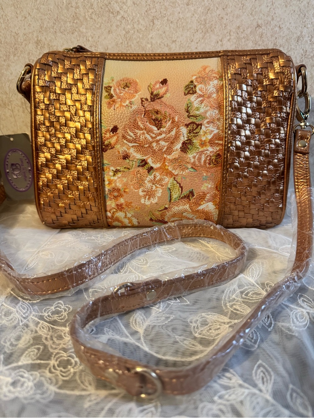 Sharif Woven Metallic Peach Floral Crossbody Bag NWT